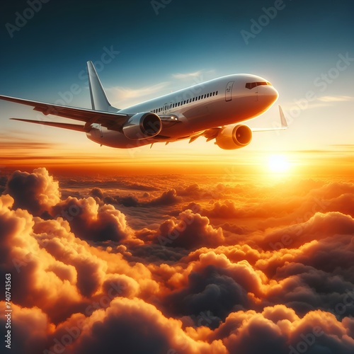 Commercial Airplane flying over the clouds at sunset.