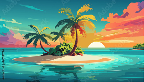 Tropical island with palm trees on the sunset. Ai generated
