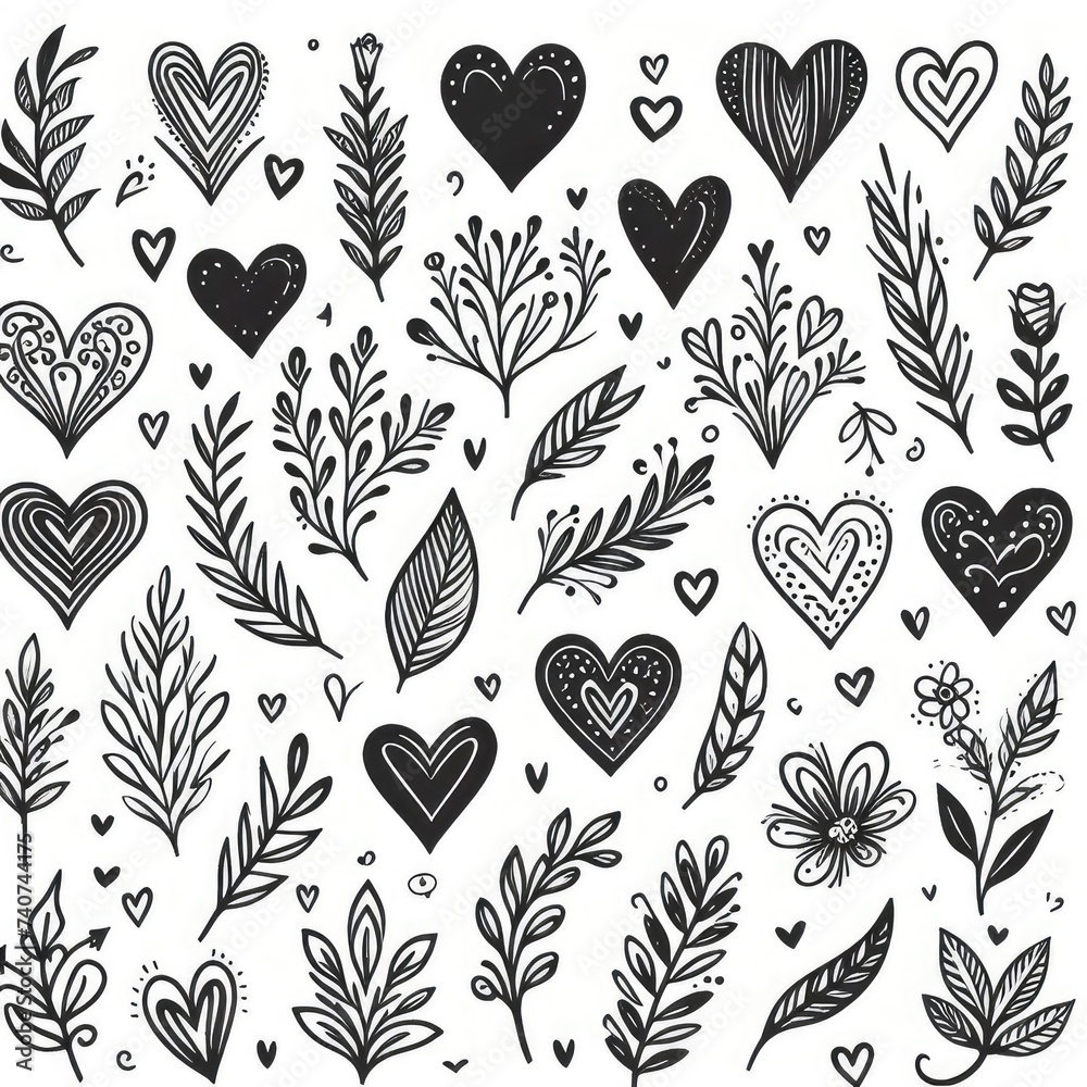 Hand drawn black hearts set pattern isolated on white background Stock ...