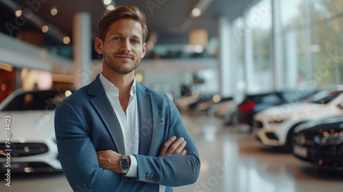 A confident businessman stands with arms crossed in the center of a luxurious car showroom, high-end vehicles, premium auto dealership, luxury, automotive sales, entrepreneurship, auto dealership