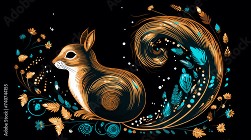 Abstract starry night squirrel with a bushy cosmic tail. simple Vector art