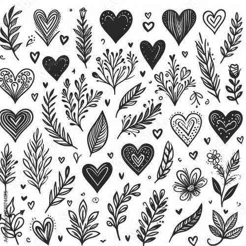 Hand drawn black hearts set pattern isolated on white background