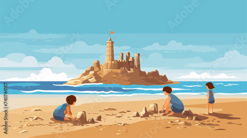 Abstract children building a sandcastle at the beach. simple Vector art