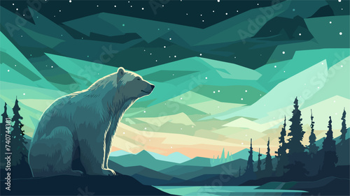 Abstract celestial bear standing under the Northern Lights. simple Vector art