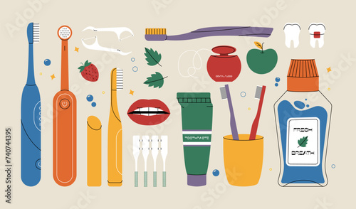 Mouth cleaning tools. Cartoon toothbrush toothpaste dental floss dental hygiene elements, dental care concept flat style. Vector isolated set