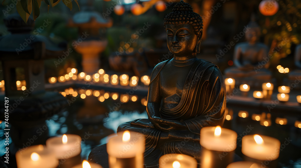 Meditating Buddha statue with candles