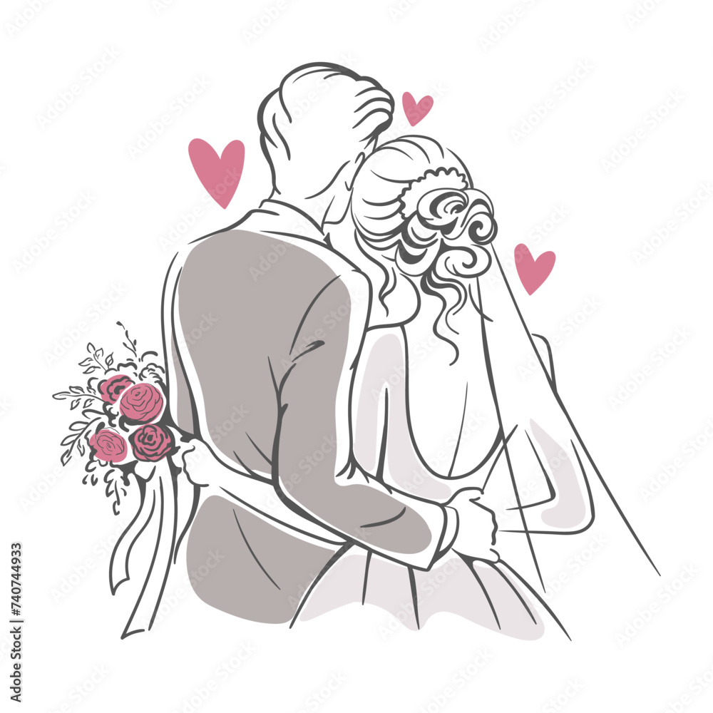 Bride and groom with a bouquet of Line Art flowers. Back view. Wedding silhouettes of newlyweds. Vector illustration