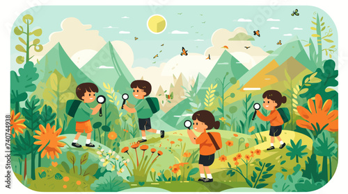 Abstract kids exploring nature with magnifying glasses. simple Vector art