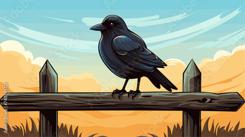 Abstract black crow perched on a fence. simple Vector art