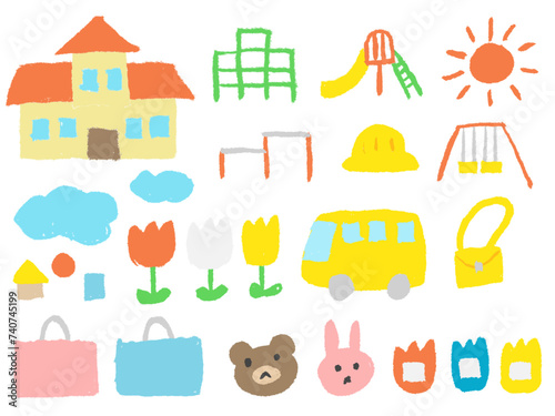 子どもがクレヨンで描いたような保育園・幼稚園・こども園の手書き風イラストセット（ベクター版） photo