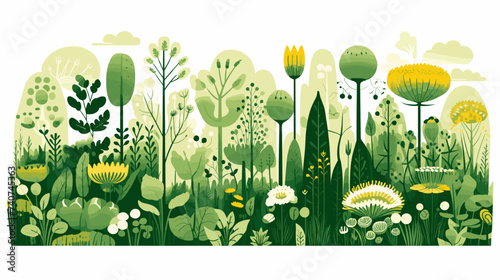 Abstract green garden with diverse plants. simple Vector art