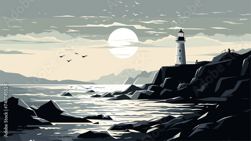 Abstract white lighthouse on a rocky shore. simple Vector art