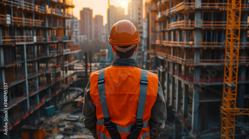 A civil engineer stands looking at the construction site photo