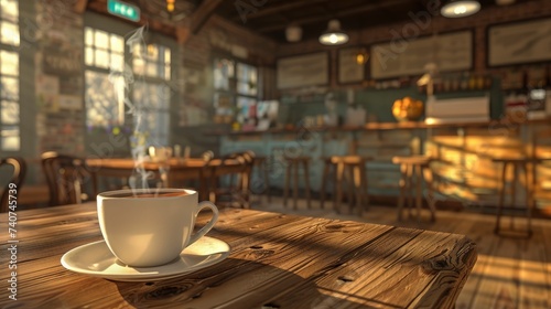 A 3D banner displaying a steaming cup of coffee and a cozy cafe setting, symbolizing the warm and inviting atmosphere of the coffee shop