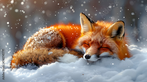 a bright red fox curled up in a snowbank on a snowy day