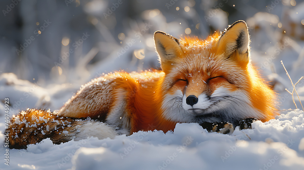 a bright red fox curled up in a snowbank on a snowy day