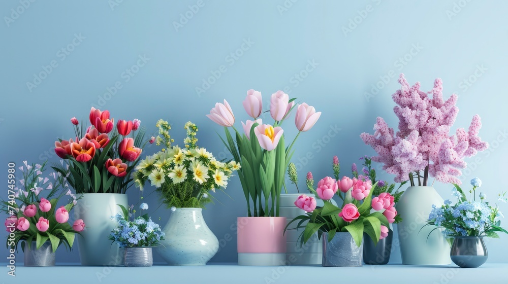 Assorted Flowers in Vases on a Shelf Assorted Flowers in Vases on a Shelf
