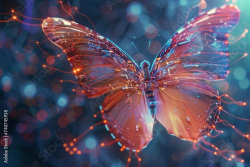 A butterfly emerging in cyberspace wings made of nano circuits embodying rebirth and transformation ethereal background