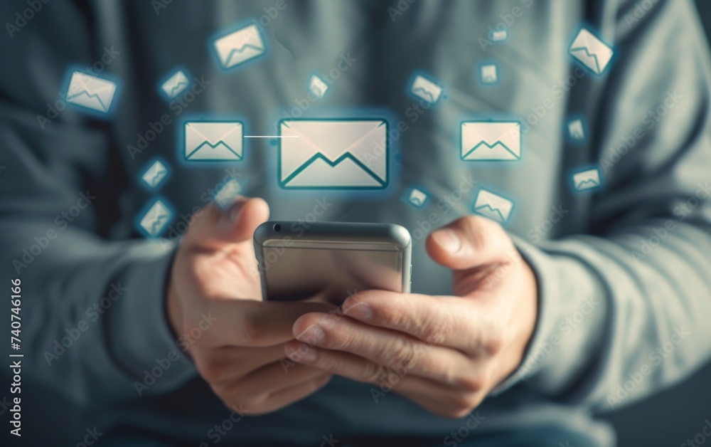 man hands using a smartphone with 1 new email alert sign icon pop-up. male using the phone to check email man hands using a smartphone with 1 new email alert sign icon pop-up. male using the phone to check email