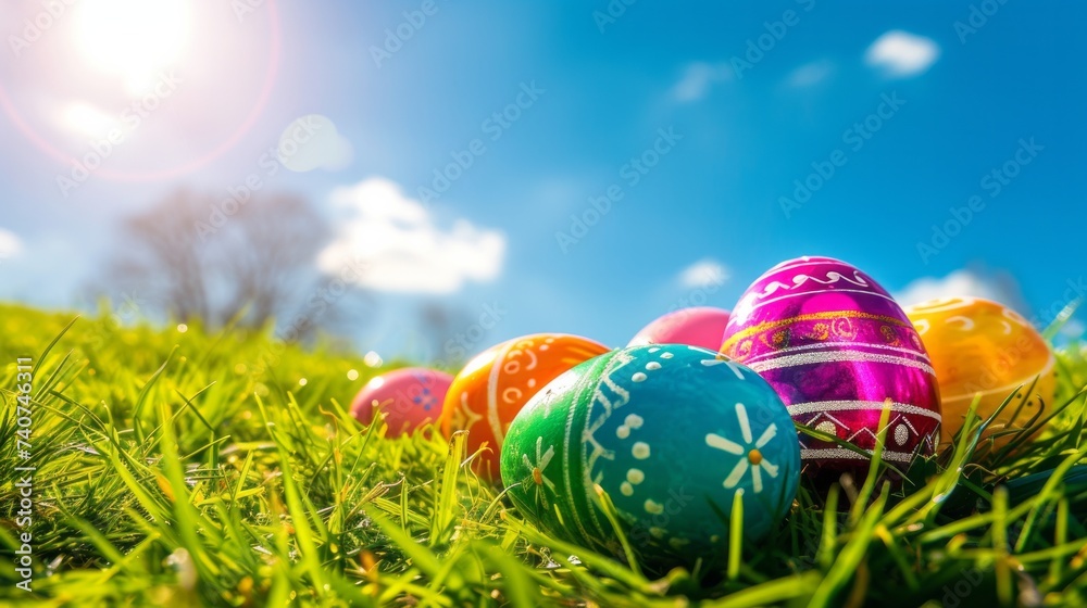 colorful easter eggs closeup on green grass on a bright sunny day, concept of celebrating easter and searching for easter eggs with copyspace	
