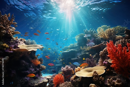 Underwater scene with sunlight, colorful fish, and coral reefs. © Dzmitry