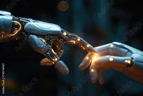 A robotic hand's lighted fingertip is softly touched by a human finger. Ai generative photo