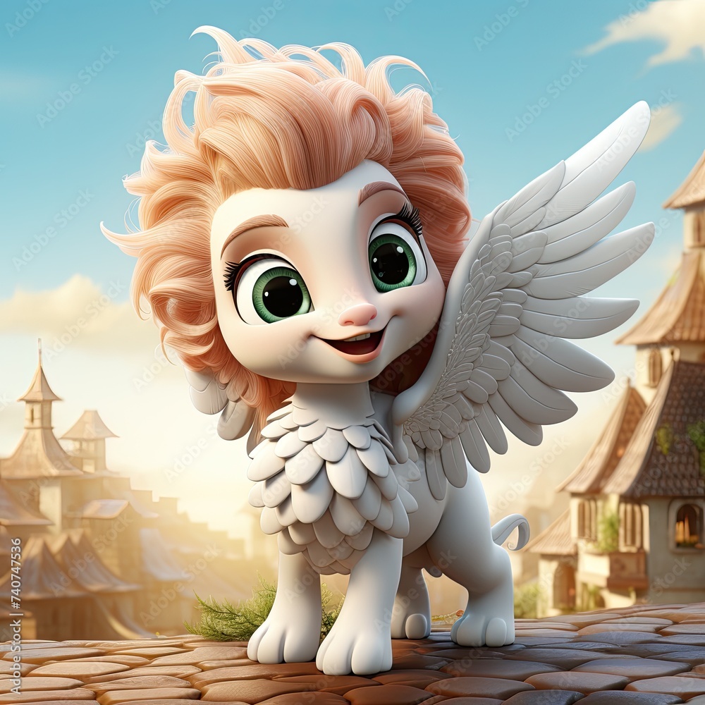 Obraz premium Magic fairy tale character pegasus 3d illustration for children. Magic fairytale pegasus print for clothes, stationery, books, merchandise. Toy Pegasus 3D character banner, background. Generative ai.