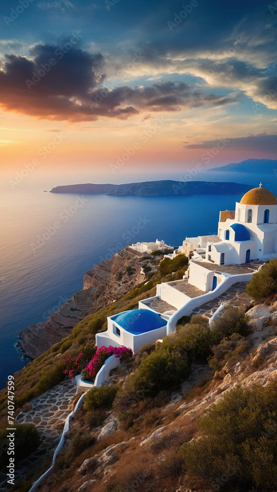 Beautiful Greek island with blue domed churches at sunset. Island of love.