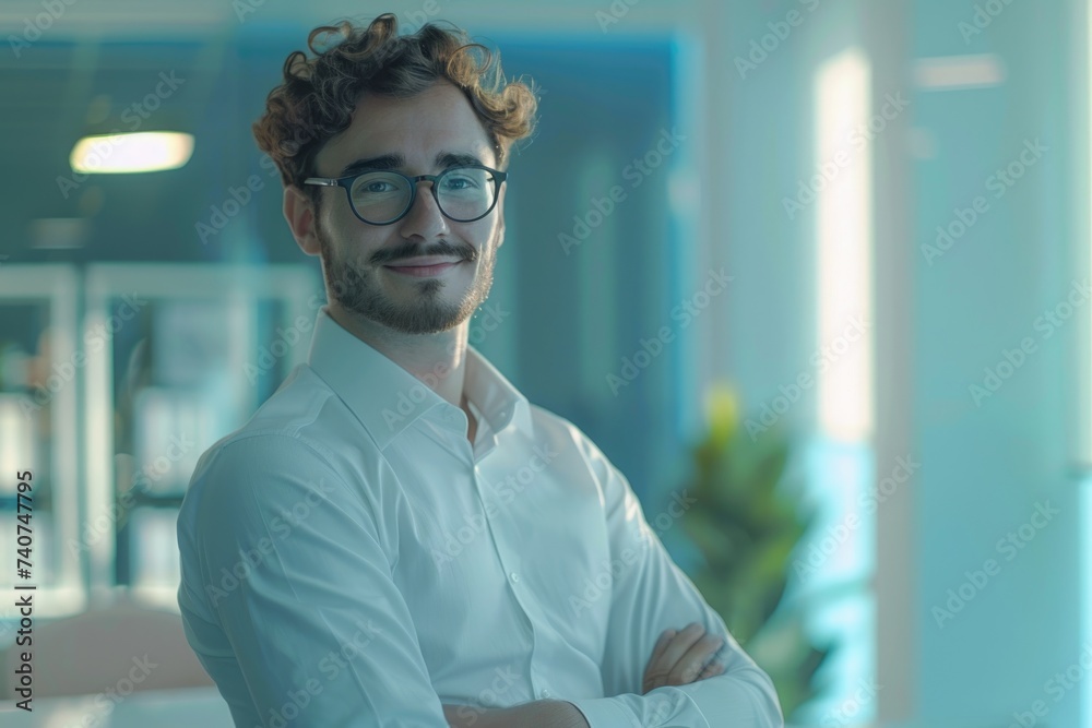 Fototapeta premium portrait of a smiling businessman in the blue room at modern office.