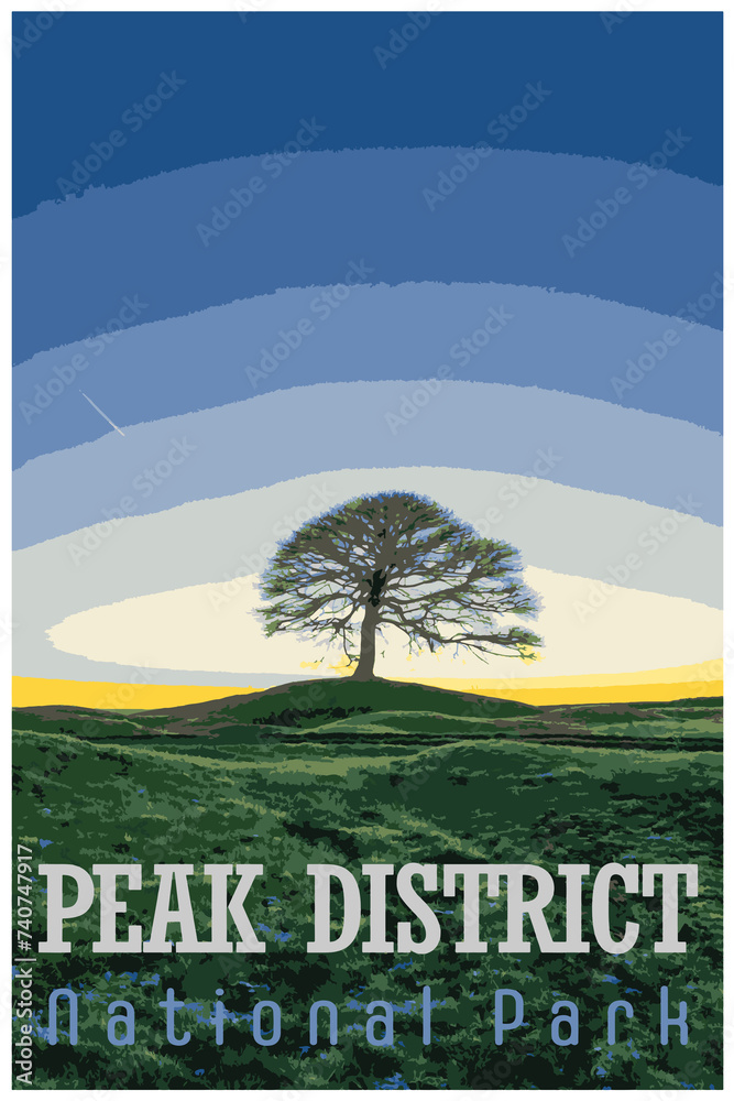 Fototapeta premium WPA inspired retro travel poster of the Peak District National Park, UK.