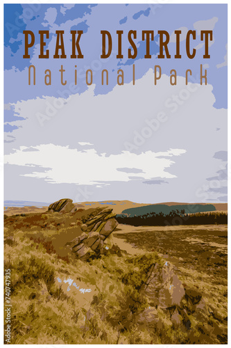 WPA inspired retro travel poster of the Peak District National Park, UK. photo