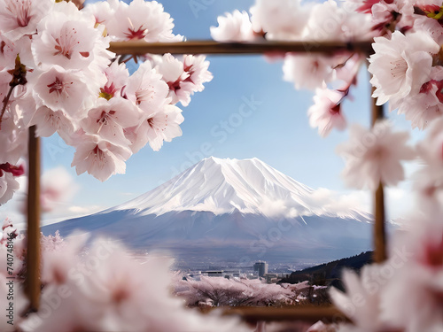Sakura flower formed a wood frame with mount fuji in frame. AI Generated picture