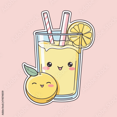 Cute kawaii-style lemon juice illustration with adorable smiling lemon and glass on pink background.