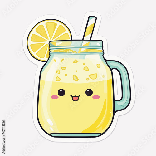 Cute lemonade character in a mason jar with a cheerful face, topped with a lemon slice and straw.