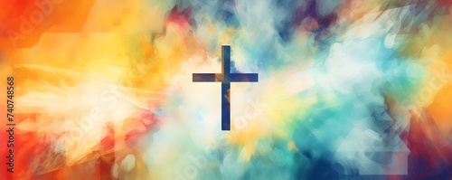 Vibrant watercolor background featuring a prominent Jesus Christ cross symbol. Concept Jesus Christ, Cross Symbol, Religious Art, Watercolor Background, Vibrant Colors