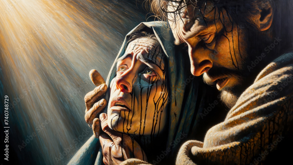 The Crucifixion: Mary's Agony and Sorrow, Consoled by John at the Foot of the Cross, Mother in Tears and Grief. The Crucifixion: Mary's Agony and Sorrow, Consoled by John at the Foot of the Cross, Mother in Tears and Grief.