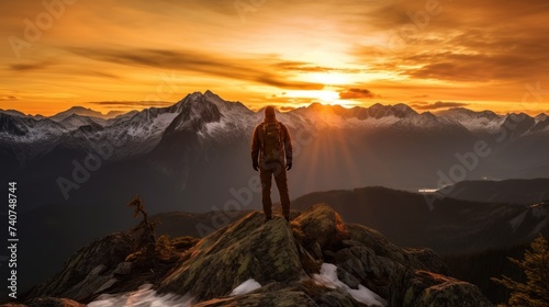 A man on top of the mountain during sunrise, Adventurous man on top of the mountain during a vibrant sunset.
