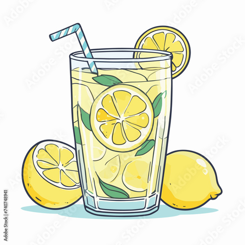 Refreshing lemonade in a tall glass with lemon slices and a striped straw, surrounded by whole lemons, against a clean white background.