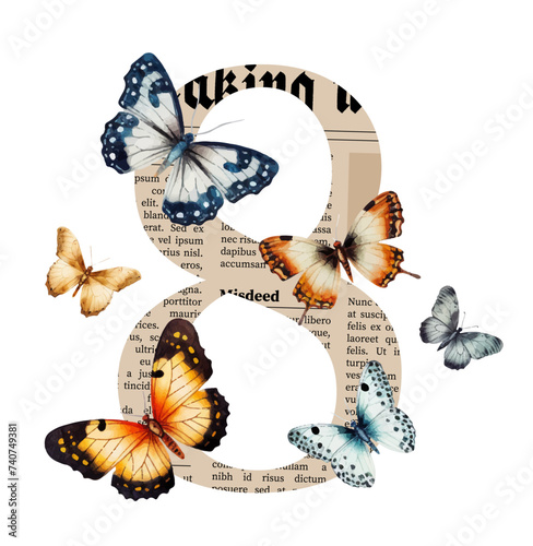 Trendy vintage collage element for March 8 on transparent background. Retro newspaper clipping in figure 8 shape with vintage halftone butterflies. Collage element for banners, designs, etc. Vector il