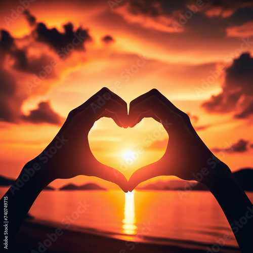 Silhouette of hands forming a heart shape with sunset sky background