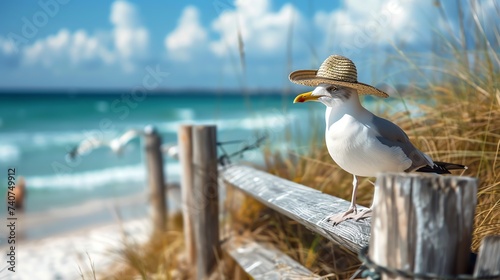 Cute seagull wearing staw hat. Ai generated image