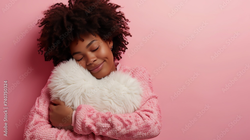 Woman hugging a heart shape fluffy pillow. Ai generated image