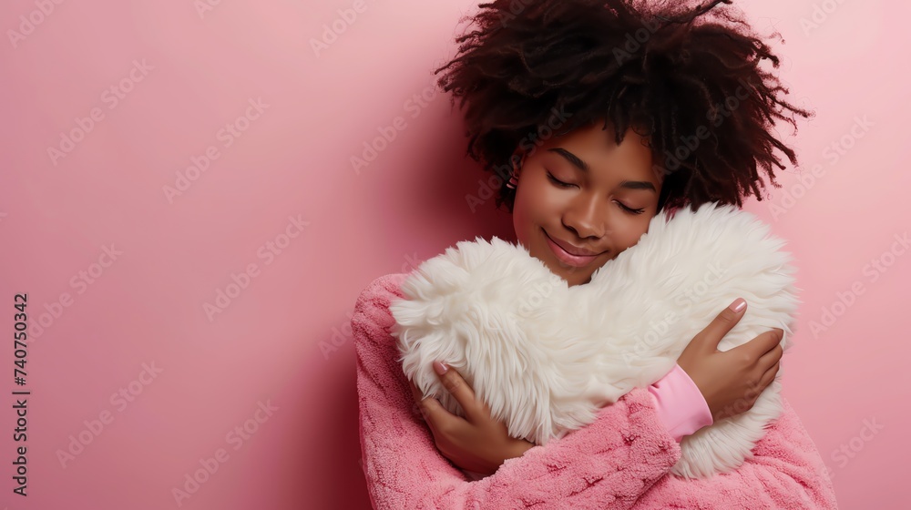 Woman hugging a heart shape fluffy pillow. Ai generated image Woman hugging a heart shape fluffy pillow. Ai generated image