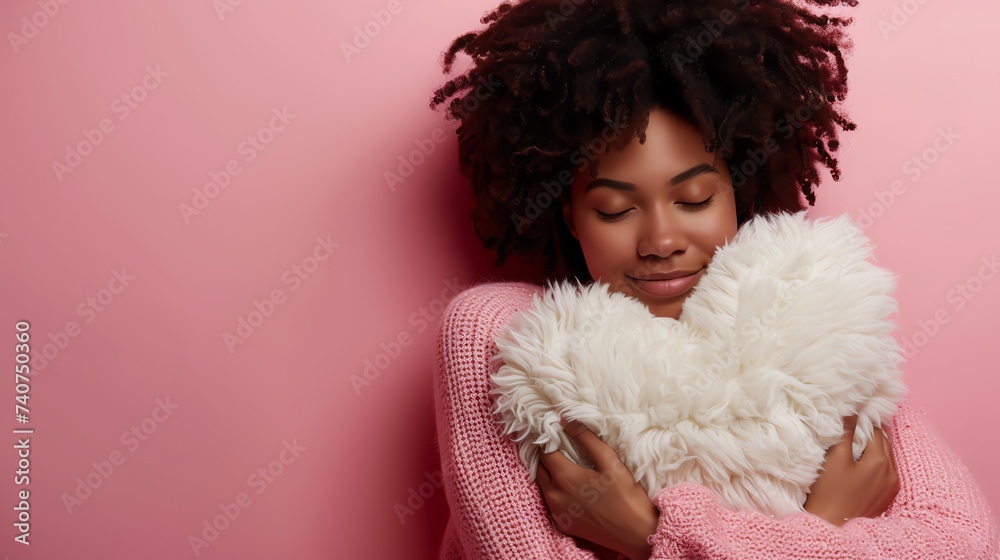 Woman hugging a heart shape fluffy pillow. Ai generated image Woman hugging a heart shape fluffy pillow. Ai generated image