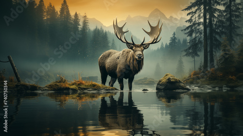 A majestic moose standing by a misty lake in the early morning