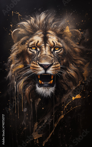 Golden Majesty  Regal Lion Roars on Black Canvas