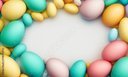 Lots of flowers and colorful Easter eggs on a grey background with copy space