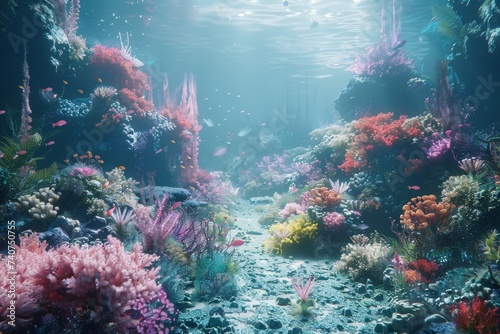 Underwater realm reborn through cyber magic ethereal creatures swim alongside nano enhanced corals a nexus of biodiversity