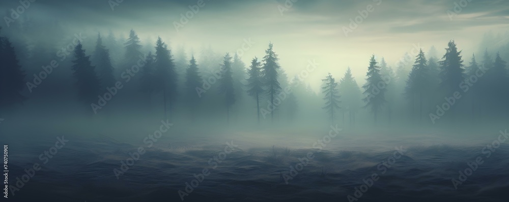 Majestic Misty Woods at Dawn: A Tranquil and Mysterious Scene. Concept Nature Photography, Misty Landscapes, Dawn Scenes