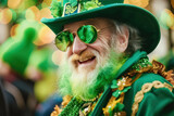 Cool old man, leprechaun with sunglasses on Saint Patrick´s Day